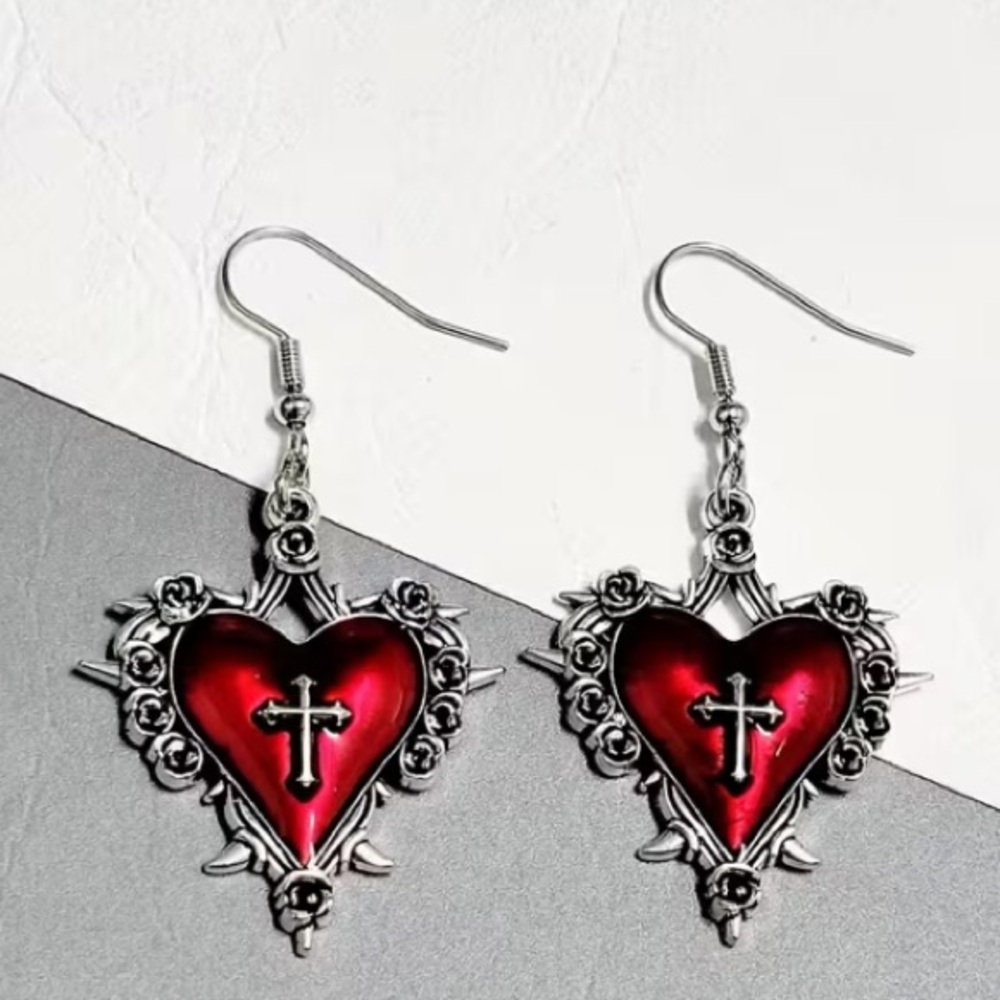 🔥10 for $100🔥 Red Sacred Heart Cross Dangle Earrings whimsigoth grunge
